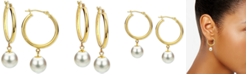 Macy's Cultured Freshwater Pearl (8mm) Dangle Medium Hoop Earrings in 14k Gold, 1.25"